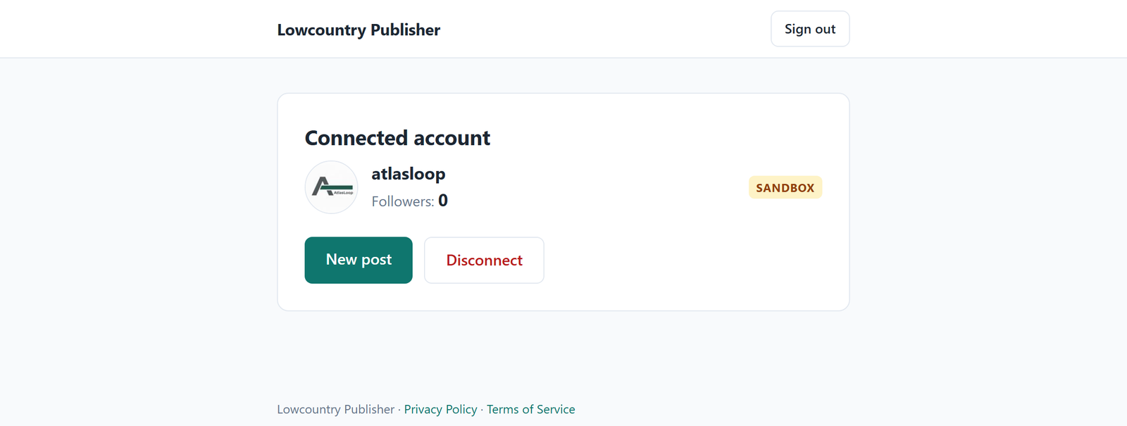 The Lowcountry Publisher account screen showing a connected TikTok account with its follower count, a New post button, and a Disconnect button.