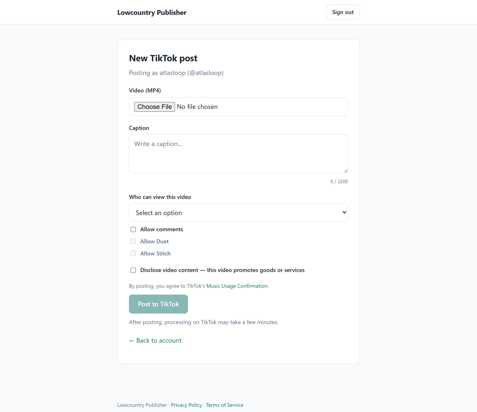 The Lowcountry Publisher composer: video file picker, caption field with character counter, audience selector with no default, interaction checkboxes, and the commercial-content disclosure toggle.